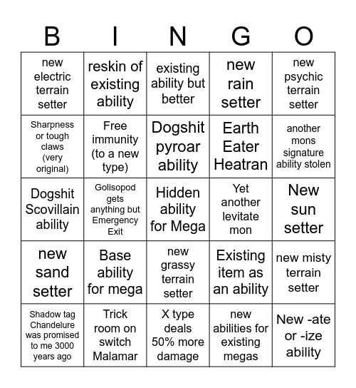 Legends ZA Mega Abilities Bingo Card