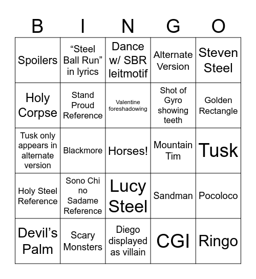 Steel Ball Run Opening Bingo Card