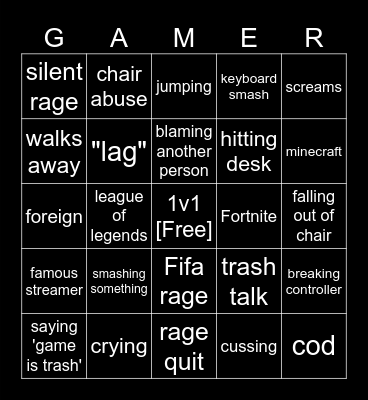 Gamer Rage Bingo Card