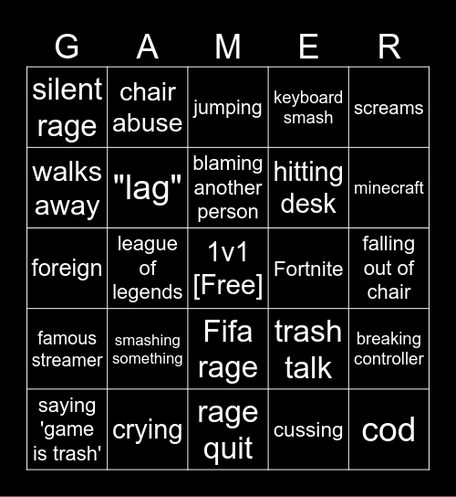 Gamer Rage Bingo Card