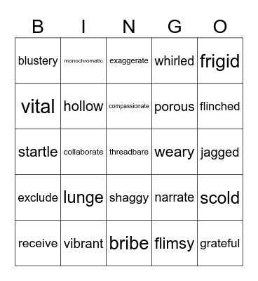 Adjective or Action Verb? Bingo Card
