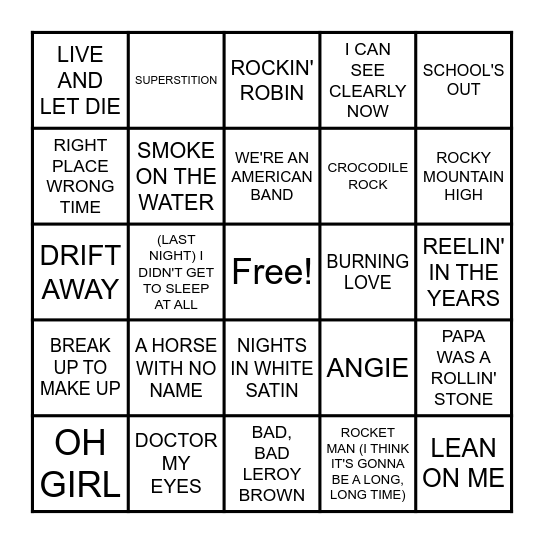HITS FROM 1972 & 1973 Bingo Card