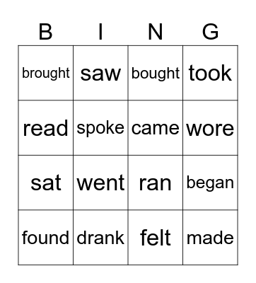 Past tense irregular verbs Bingo Card