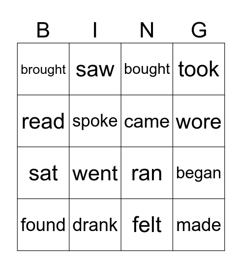 Past tense irregular verbs Bingo Card