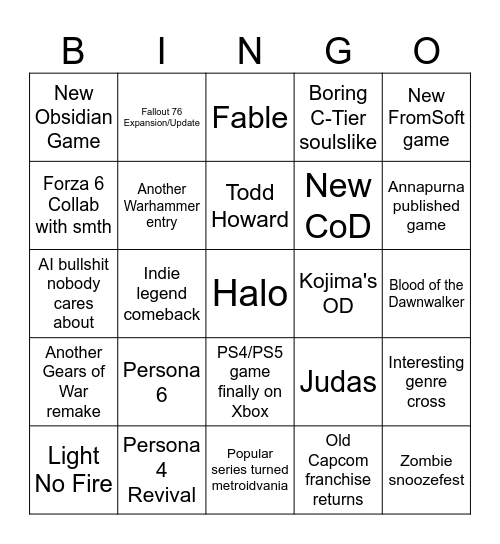 Xbox 2026 Showcase Bingo Card