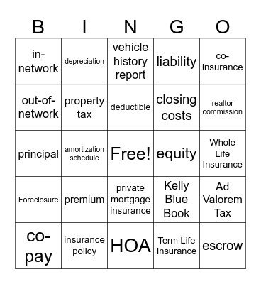 Insurance, Mortages, & Cars Bingo Card