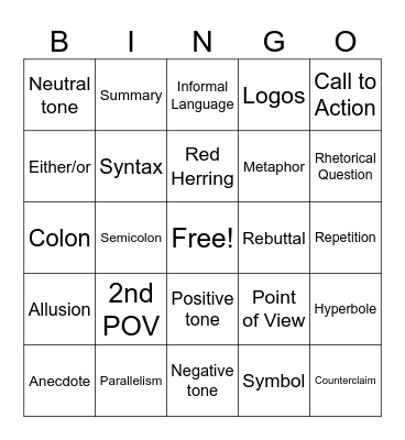 English ll Toolbox Bingo Card
