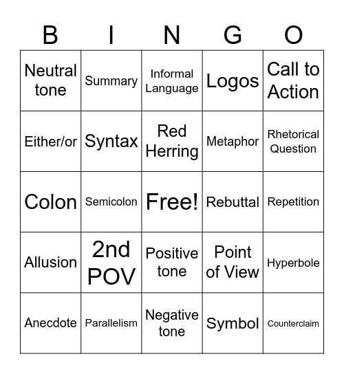English ll Toolbox Bingo Card