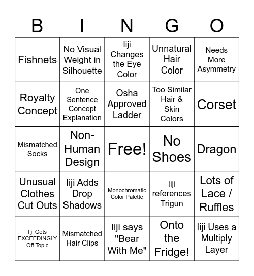 Squiiji's Character Design Bingo Card