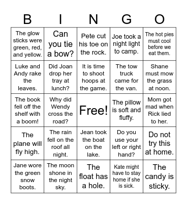 Vowel Team/ VCe sentences Bingo Card