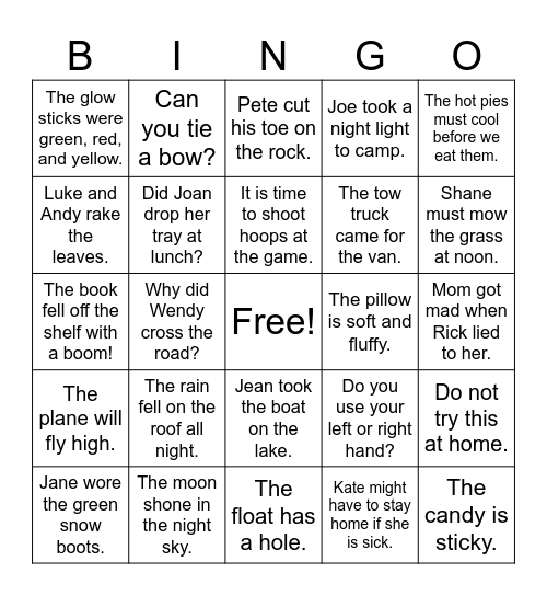 Vowel Team/ VCe sentences Bingo Card