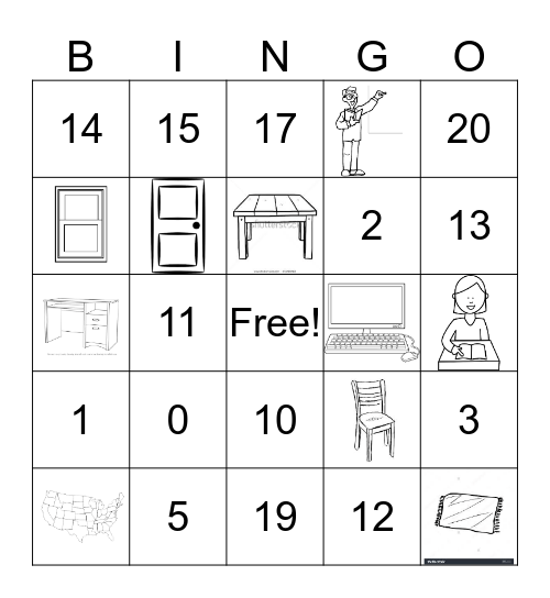 Classroom and numbers Bingo Card