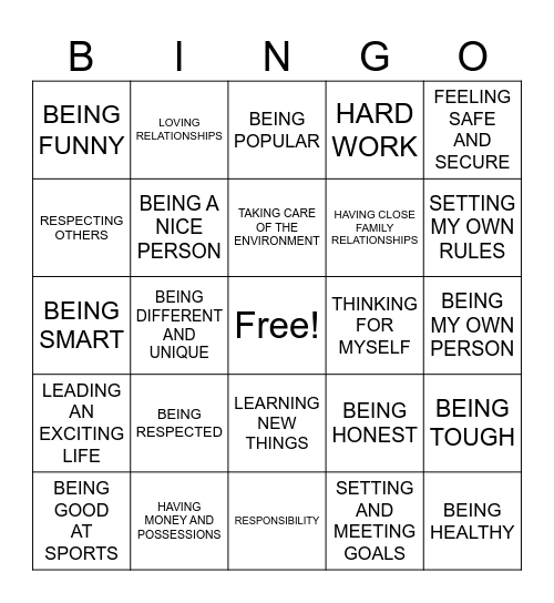VALUES Bingo Card