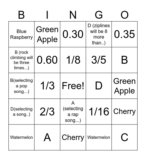Probability Bingo Card