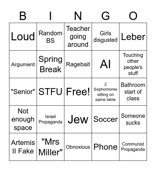 2nd Period Bingo Card