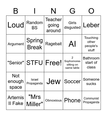 2nd Period Bingo Card