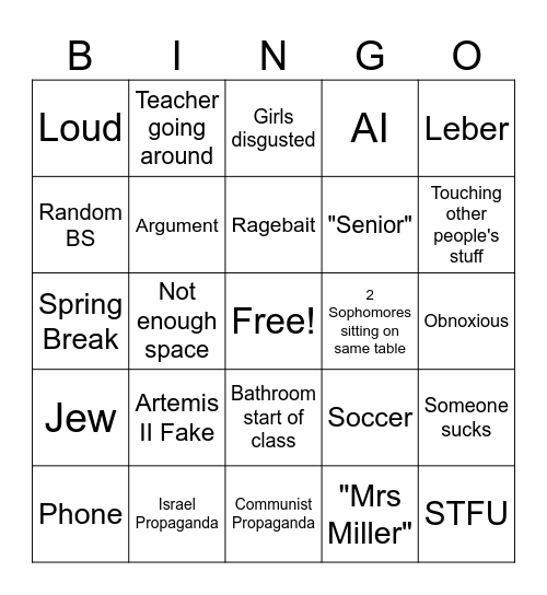 2nd Period Bingo Card