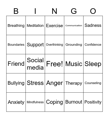 Mental Health Bingo Card