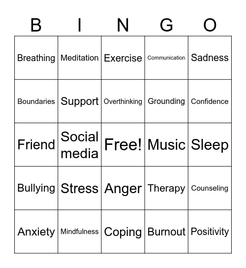 Mental Health Bingo Card