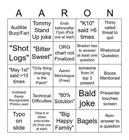 Aaron's Big Beautiful Contractor Call Bingo Card