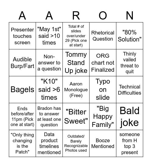 Aaron's Big Beautiful Contractor Call Bingo Card