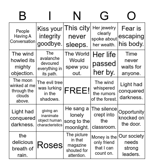Personification  Bingo Card