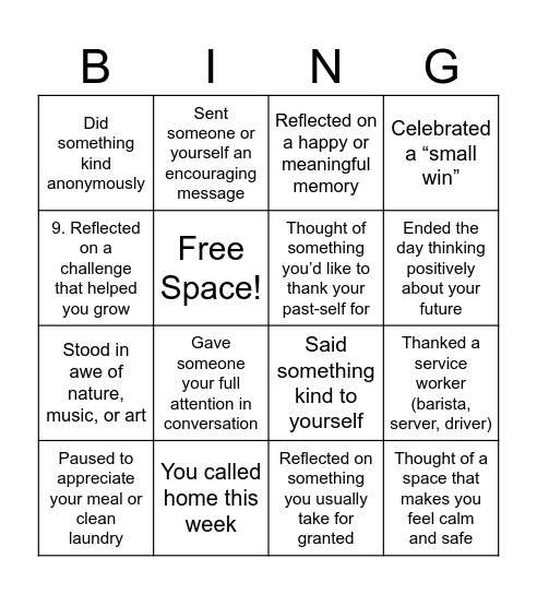 Graditude Bingo Card