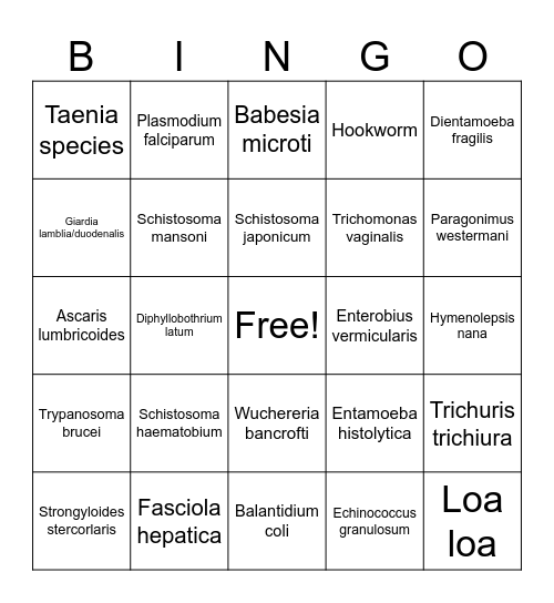 Parasitology Bingo Card