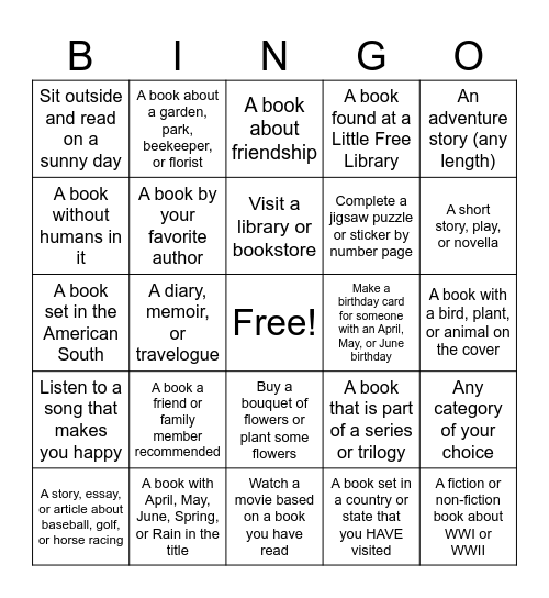 Spring Reading Bingo Card