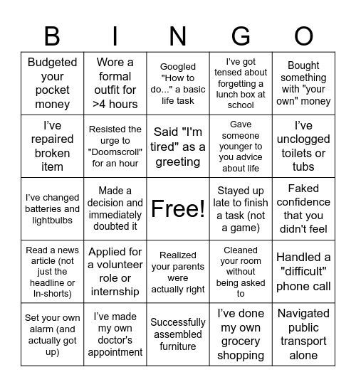 Adulting Bingo Card