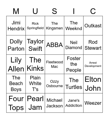 Music Bingo #202 (Names) Bingo Card