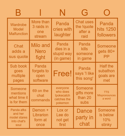 Panda's Subathon Bingo Card