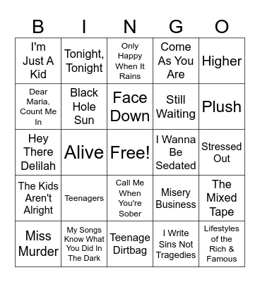 Emo/Pop Punk 2.0 Bingo Card