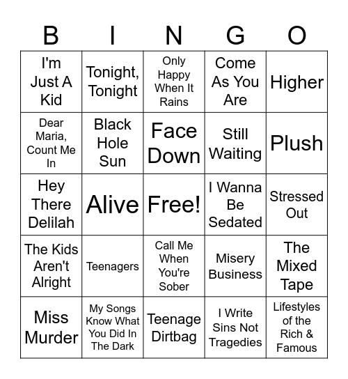 Emo/Pop Punk 2.0 Bingo Card