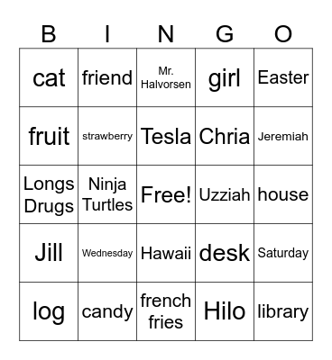 Proper Nouns Bingo Card