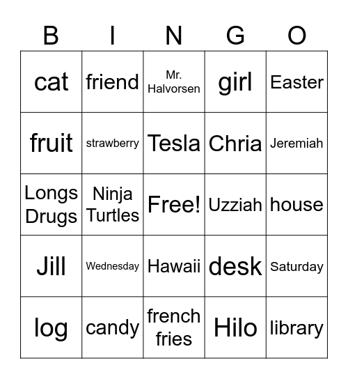 Proper Nouns Bingo Card