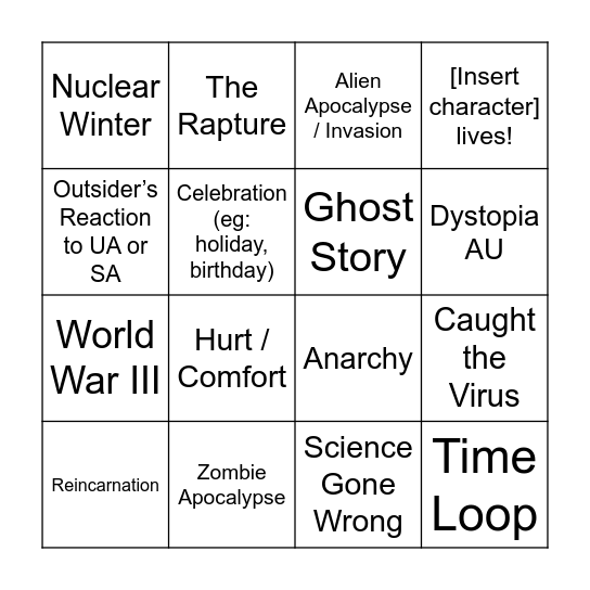 TUA Bingo Card
