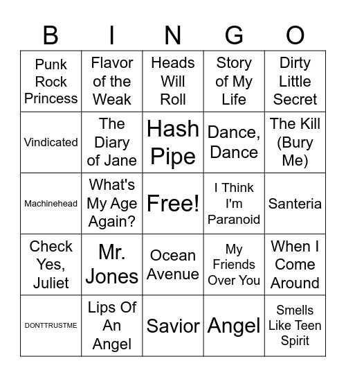 Emo/Pop Punk 3.0 Bingo Card