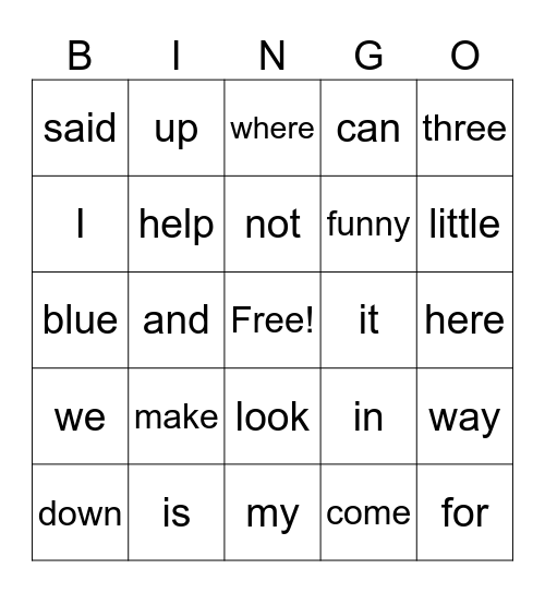 Dolch Pre-Primer Sight Words Bingo Card