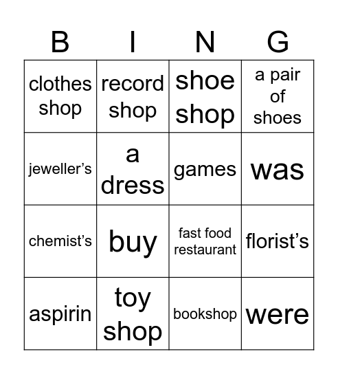Shopping bingo! Bingo Card