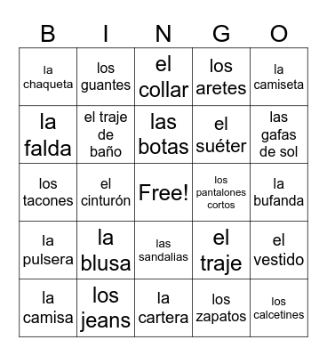 La Ropa Bingo Card