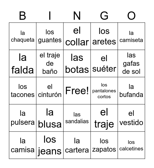 La Ropa Bingo Card