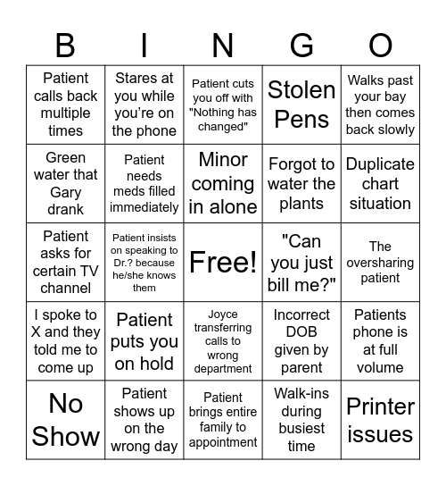 Reception Bingo Card