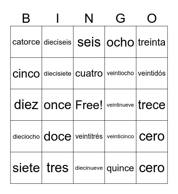 Los numeros 0 al 30 Bingo Card