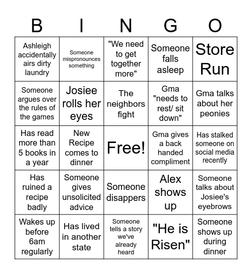 Family Bingo Card