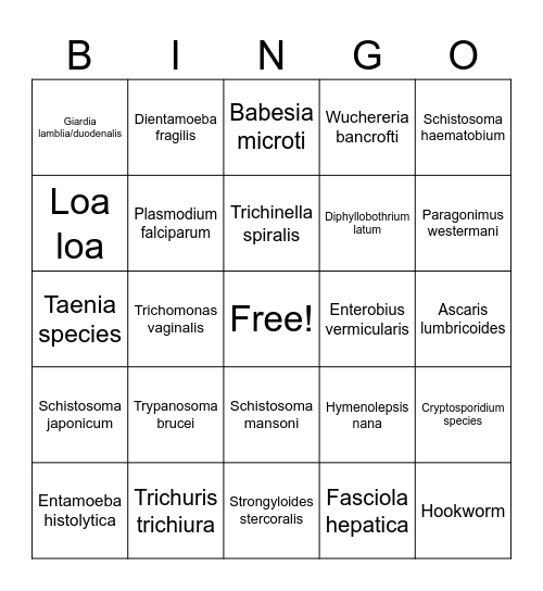 Parasitology Bingo Card
