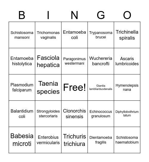 Parasitology Bingo Card