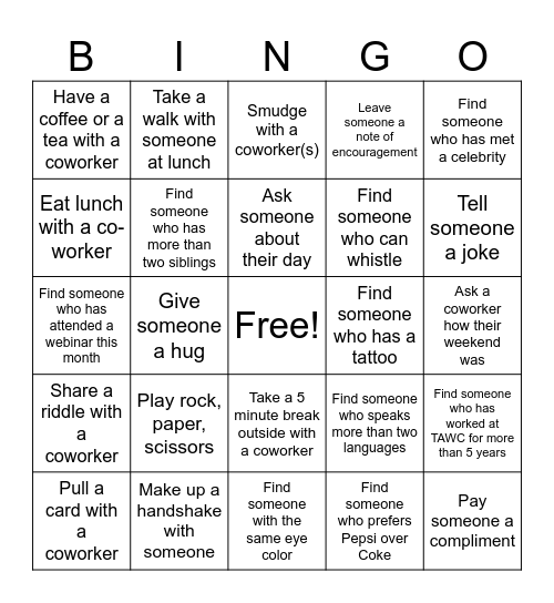 Workplace Wellness Bingo Card