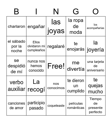 Spanish 3 El Amor Bingo Card