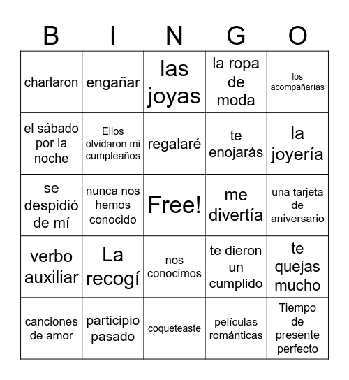 Spanish 3 El Amor Bingo Card